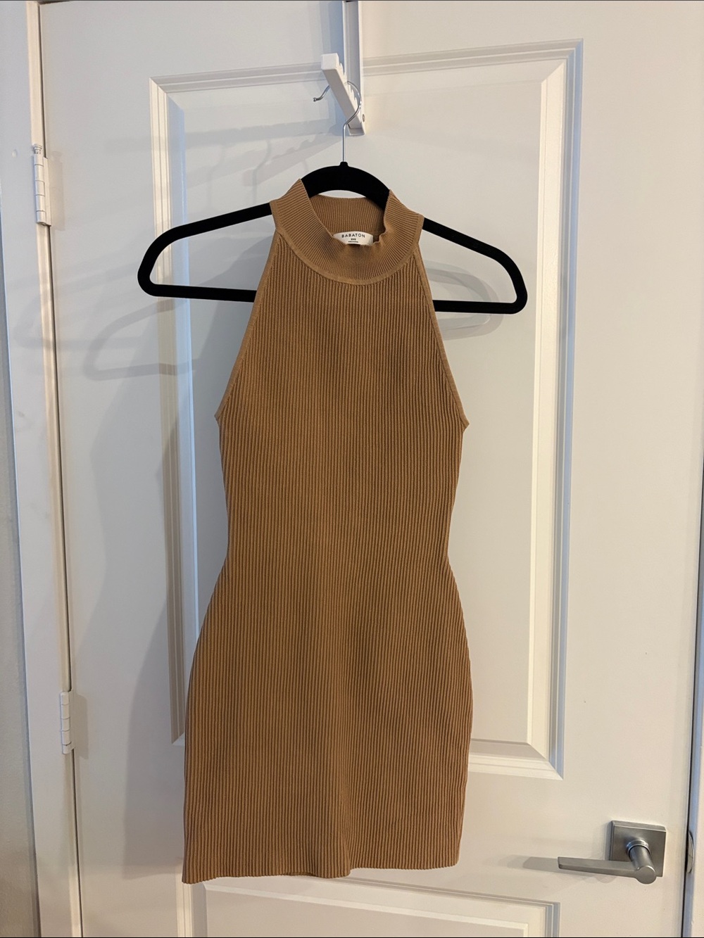 Babaton Camel Ribbed Halter Mini Dress